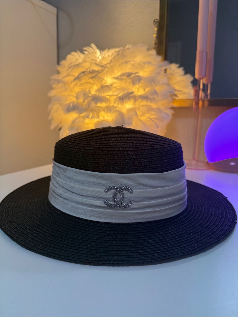 CHANEL Black Straw Boater Hat with White Band and Crystal CC